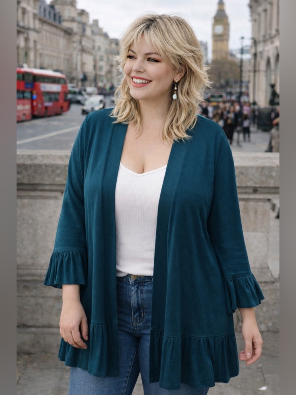 Alfani Teal Ruffle-Trim Open Cardigan Sweater - Women 2X